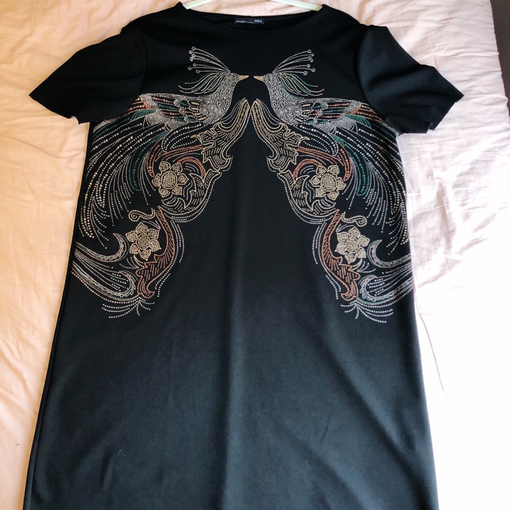 Black Sparkly Bird Shift Dress